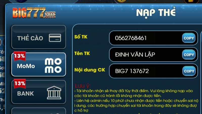 Big777 - Cổng Game Bài Đổi Thưởng Big777.Club apk Mới Nhất 2023 10 Các bước nạp tiền big777